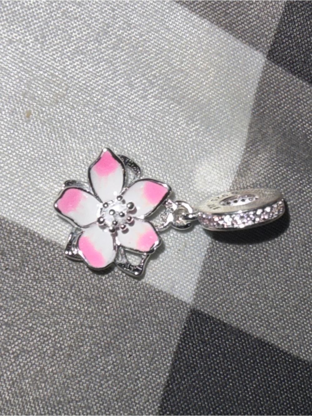 Pandora Silver Pink and White Flower Enamel Dangle Charm